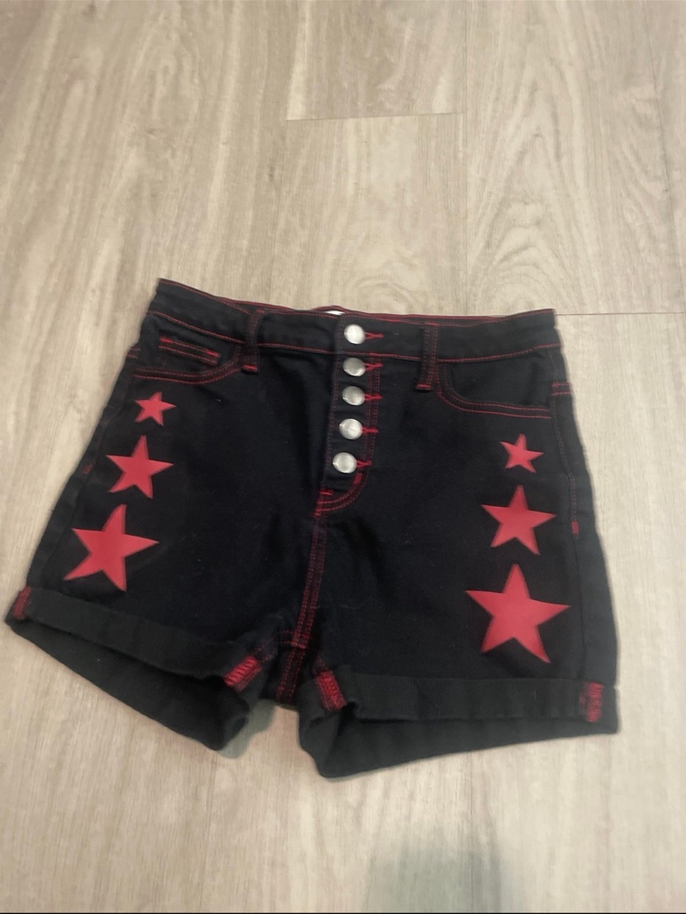 Aphrodite Black High-Waist Star Print Jean Shorts with Red Accents